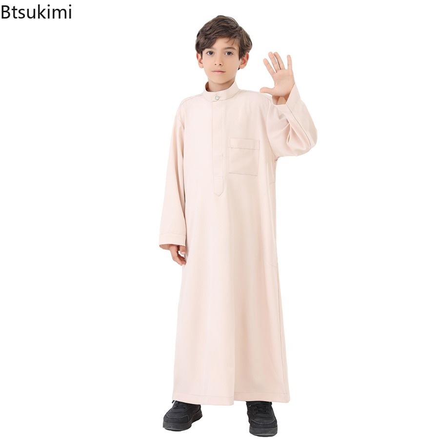 Robe caftan à manches longues pour enfants musulmans, vêtements pour garçons, mode, couleur unie, arabe, islamique, Thobe, Pakistan, marocain