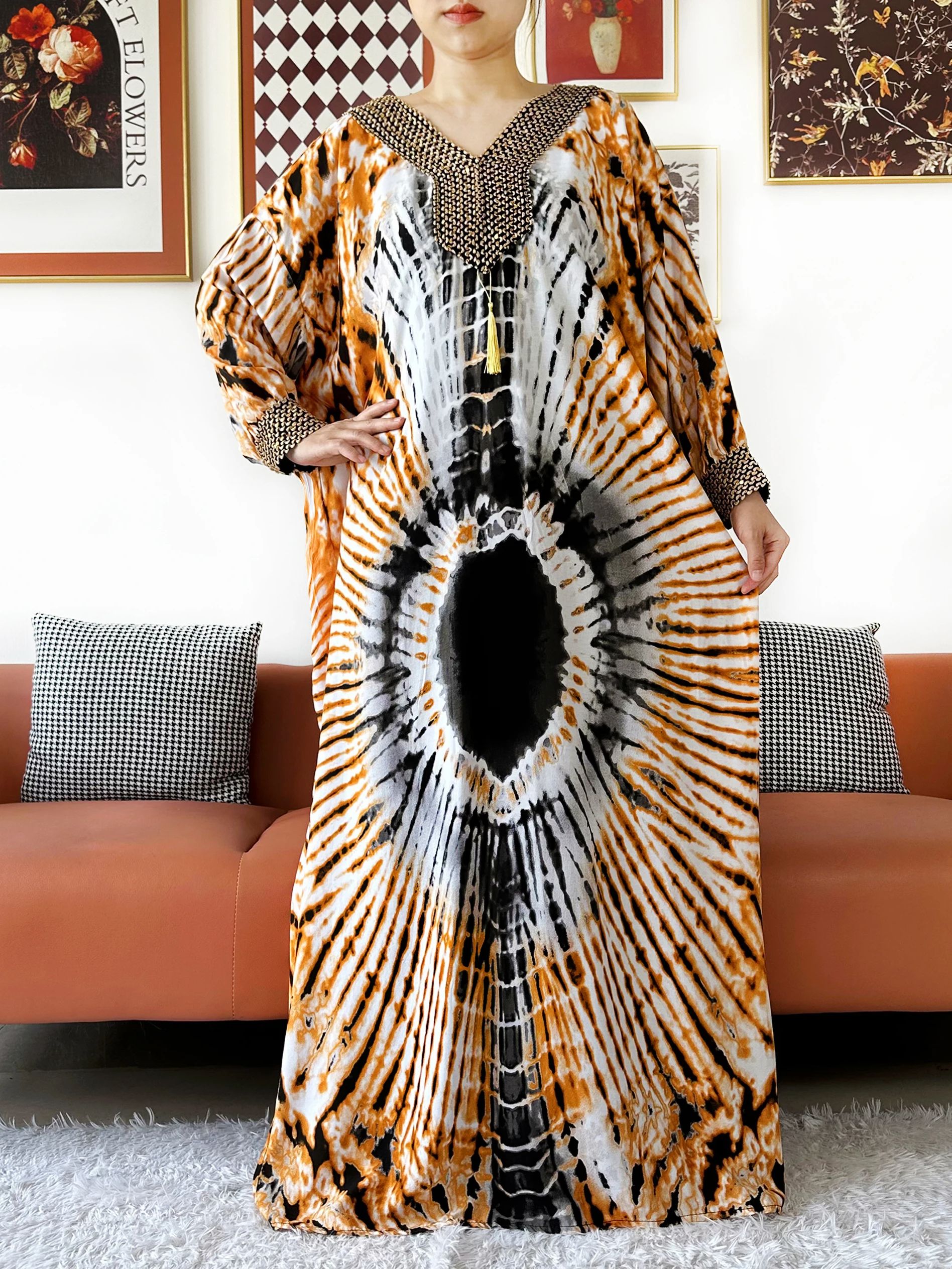 Robe de soirée à manches longues brodée fil d'or coton femmes ample Abaya Boho robe Maxi décontracté robe de mode robes africaines