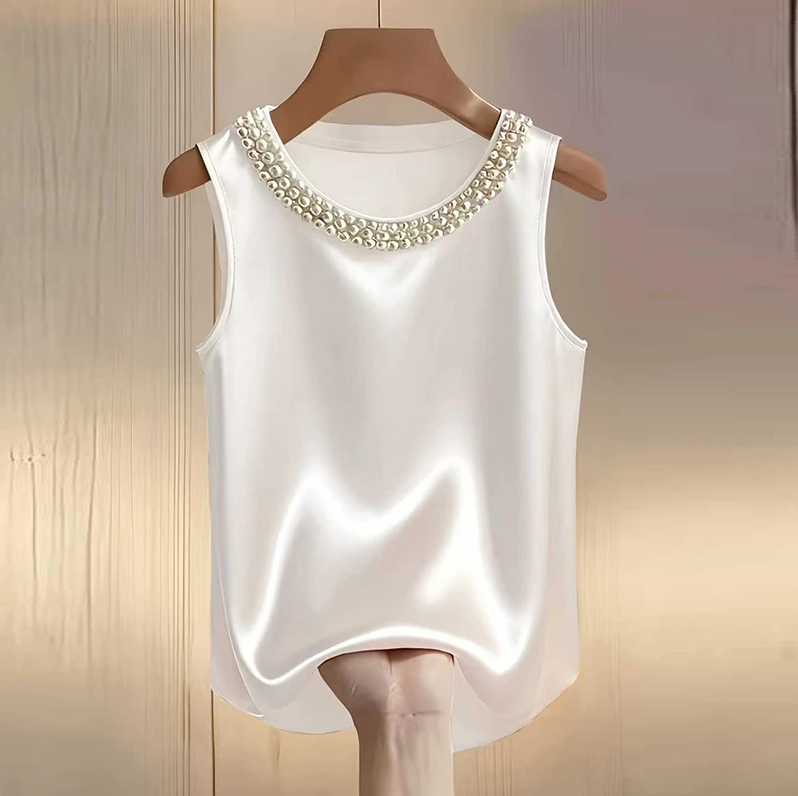 Chemise élégante en satin pour femme, chemisier en soie à motif perlé pour l'été, t-shirts amples pour femme, débardeurs tendance pour femme, tee-shirt élégant pour femme