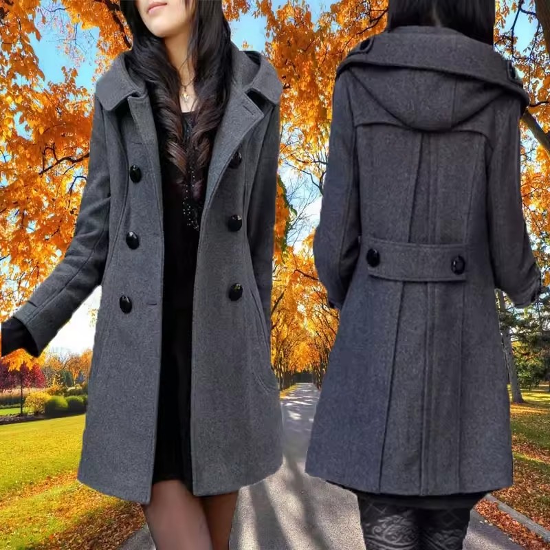 Manteau en laine mi-long chaud pour femme, veste en coton à manches longues avec capuche, vêtements d'extérieur à Double boutonnage, mode hiver