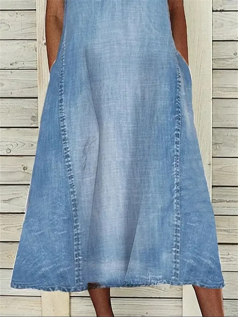 Robe pull à col en V profond pour femmes, double poche latérale, robe en fibre de denim mince, décontracté, bureau féminin, été, 2024