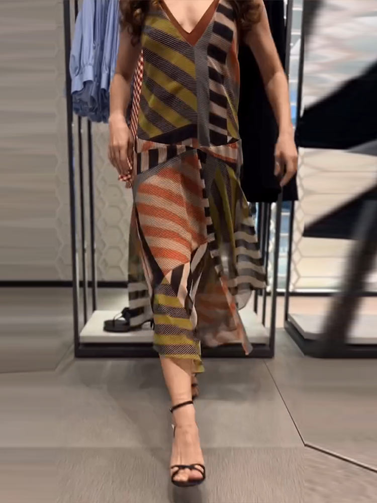 Robe longue décontractée pour femme, imprimée patchwork, coupe ample, ourlet irrégulier, sans manches, collection Printemps-Été 2026, idéale pour les vacances