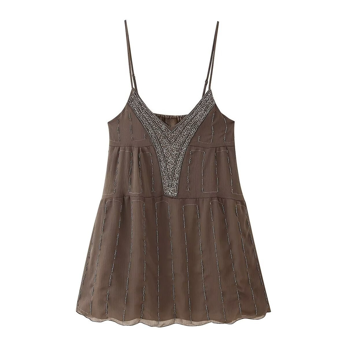 Robes mini bohèmes de plage à paillettes et broderies pour femmes, style vintage, col en V, sans manches, à bretelles, robe d'été, vestidos, robe trapèze