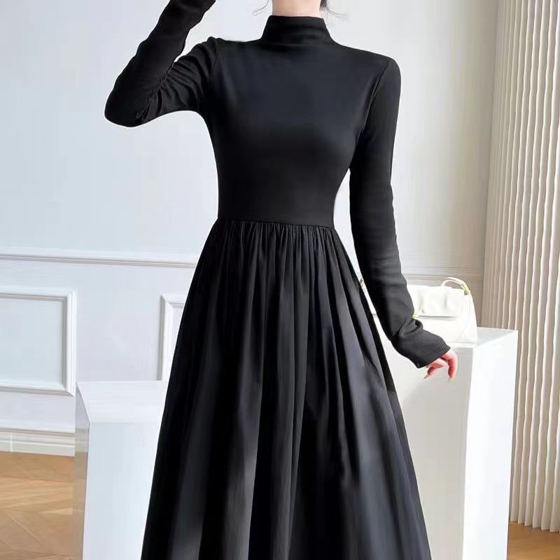 Robe longue noire pour femmes, style coréen, taille haute, col mi-haut, élégante, fête, manches longues, nouvelle collection automne hiver