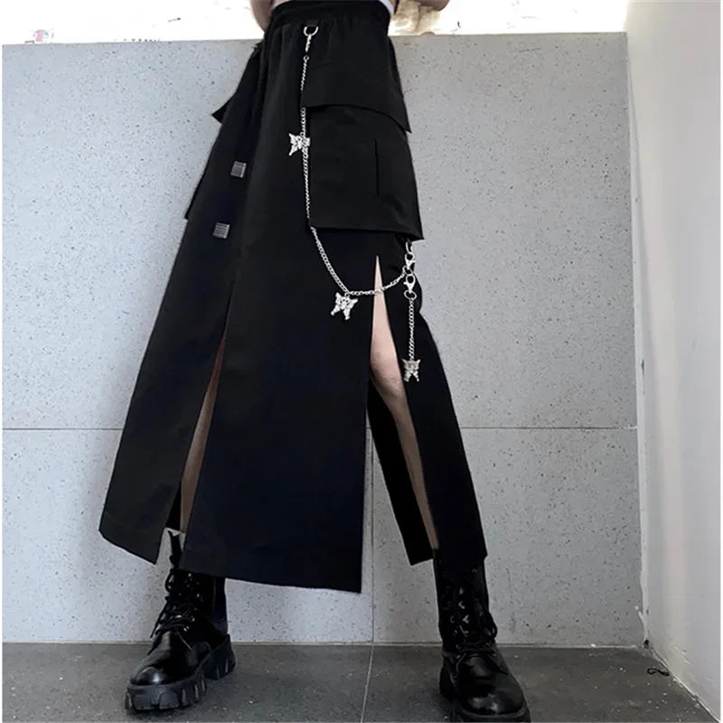 Jupe longue noire de Style coréen pour femmes, avec chaîne, fente latérale, Hip Hop, Streetwear, grande taille, nouvelle collection printemps automne 2025