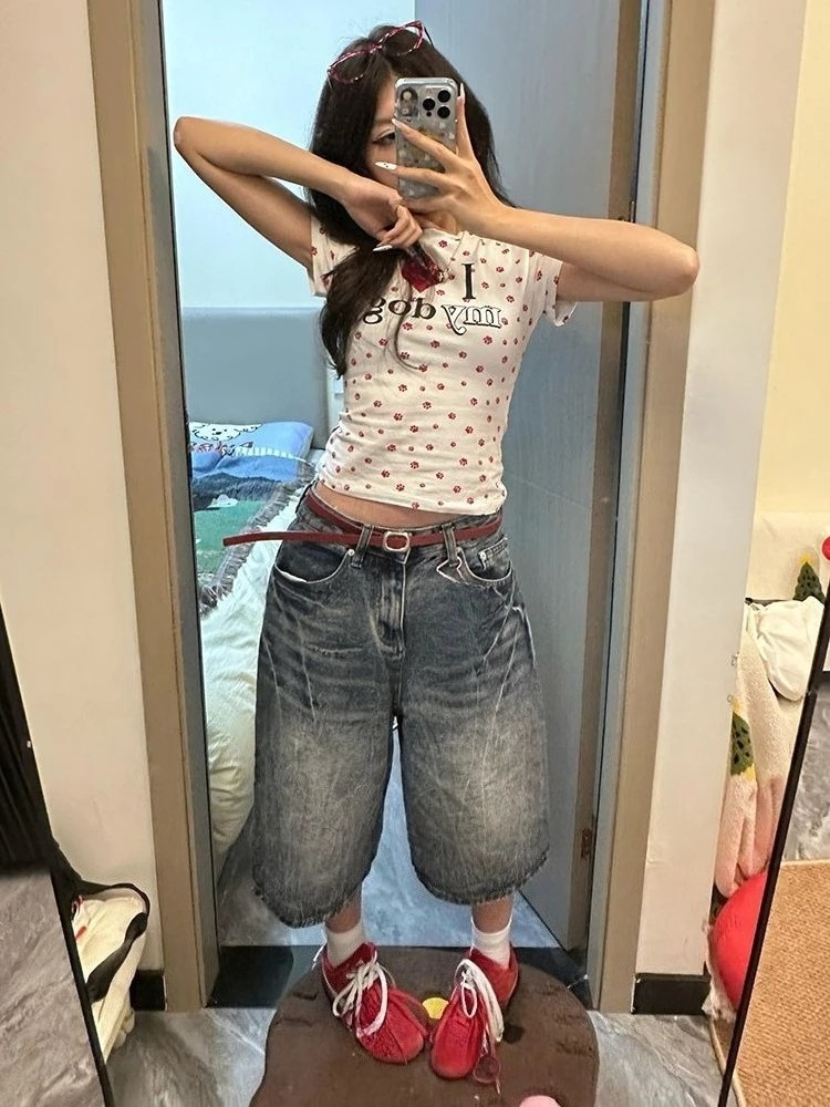 Shorts en jean délavé vintage pour femme, taille haute, coupe ample, longueur genou, style Y2K, streetwear décontracté, mode coréenne