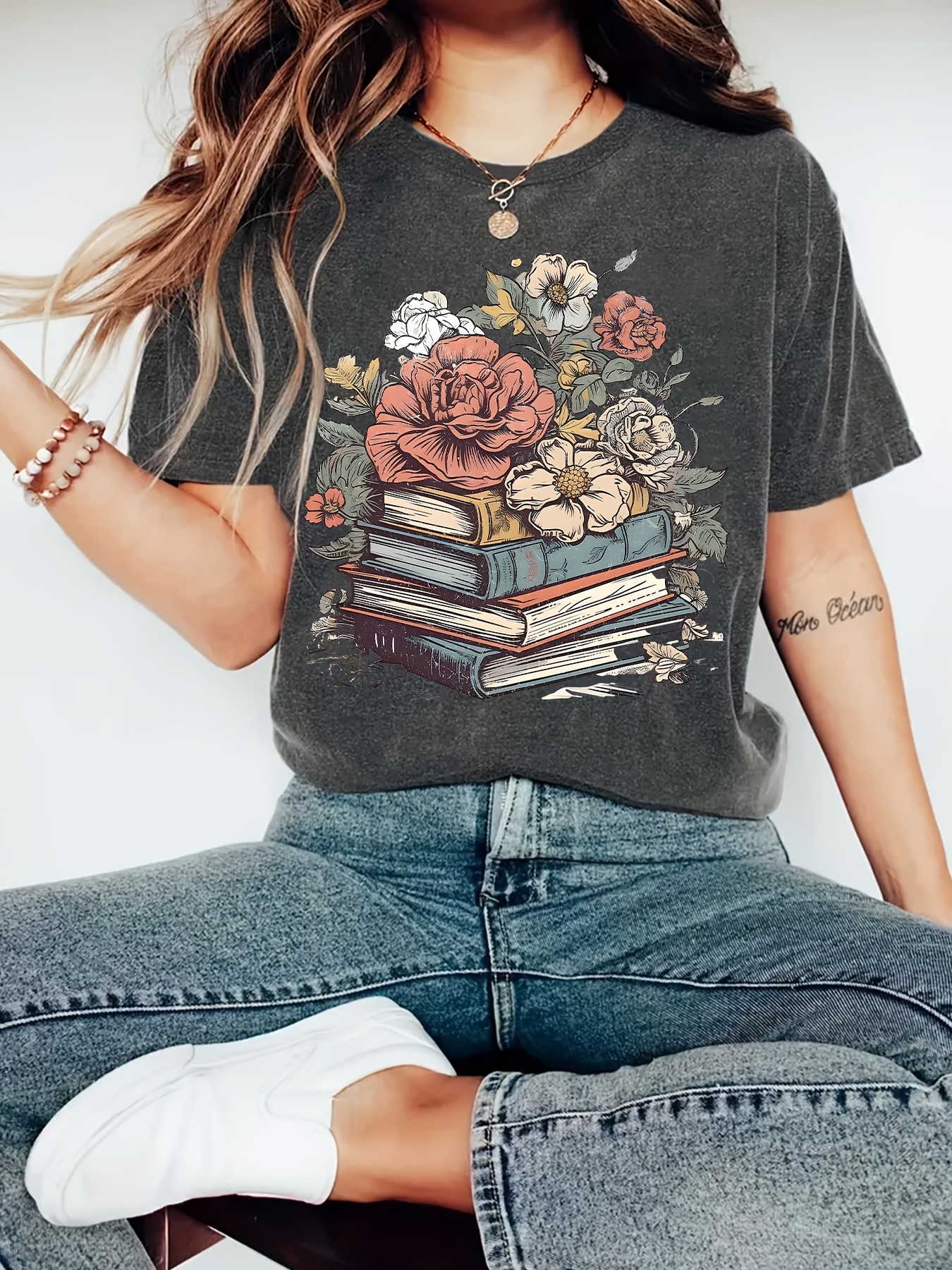 T-shirt pour femme Floral Books - Motif Boho, haut décontracté gris foncé
