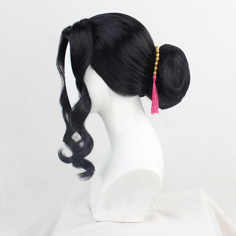 Perruque de cosplay Kimetsu No Yaiba Kibutsuji Muzan, couvre-chef noir pour femmes, cheveux synthétiques bouclés résistants à la chaleur, perruques pour costume d'Halloween