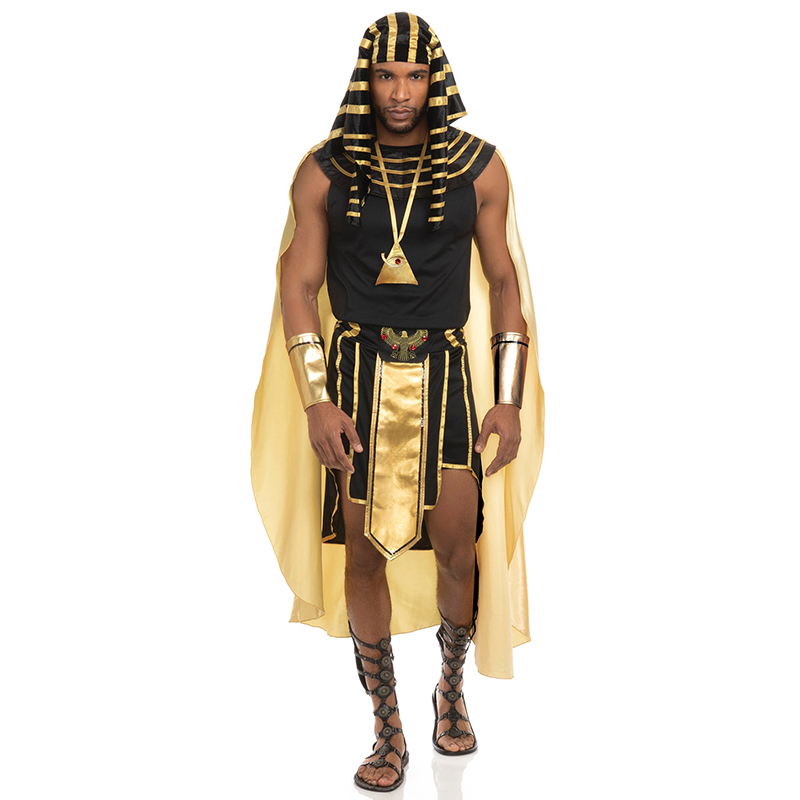 Ensemble de costumes égyptiens pour hommes, 7 pièces, garniture dorée, débardeur, jupe, manches de bras, couvre-chef, collier, tenues de Cosplay d'halloween