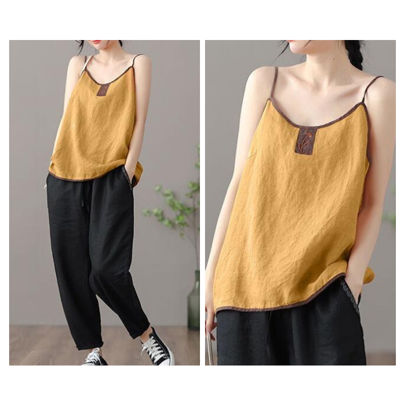 Débardeur en coton et lin pour femmes, camisole vintage chic Harajuku, sacoche brodée