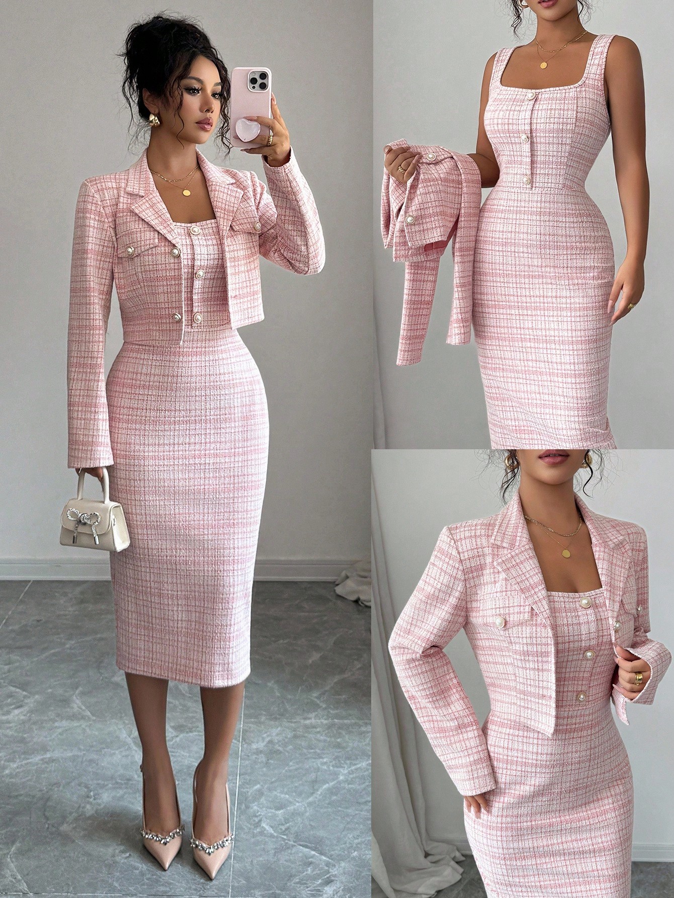 Ensemble de robe deux pièces européen et américain 2026 avec col réversible, manches longues, longueur courte, veste à motif à carreaux et motif animalier.