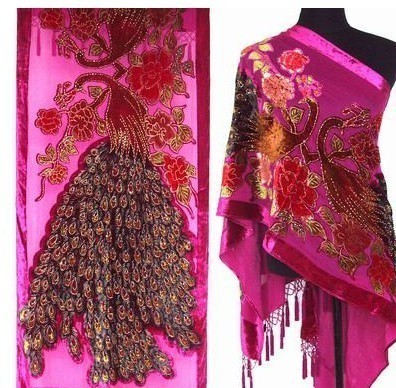 InjSatin Velvet Cape pour femme, étole pashmina perlée, style chinois, silencieux paon brodé, rose chaud, nouveauté, 175x54cm, C020