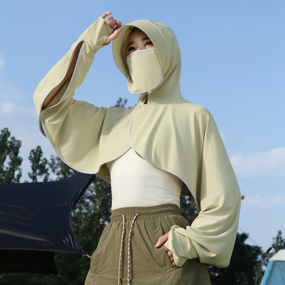 Haut de protection solaire 3-en-1 en soie glacée à manches longues avec masque facial intégré, chapeau et châle imperméable, coupe ample, vêtement de protection solaire