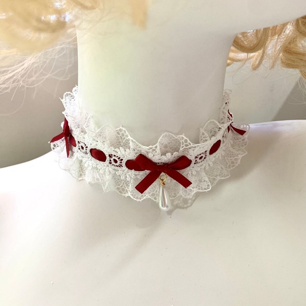 Collier en dentelle Lolita avec nœud en tissu, ruban en satin et pendentif goutte d'eau pour femme
