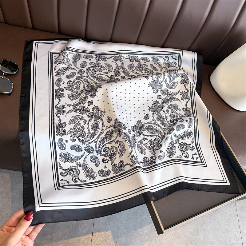 Foulard en soie noir imprimé de luxe pour femme, doux, en satin, carré, foulard de sac à main, foulard de créateur en soie