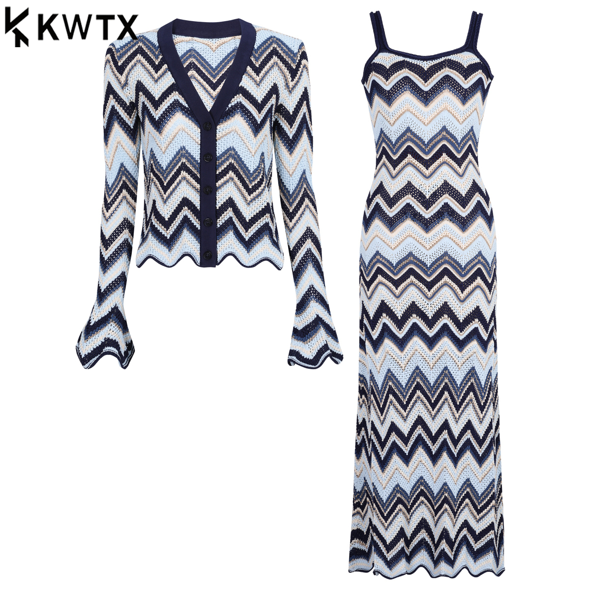KWTX 2025 ensemble femme mode col rond manches longues hauts courts Slip rayure taille robe tricotée pantalon ample soirée automne nouveau