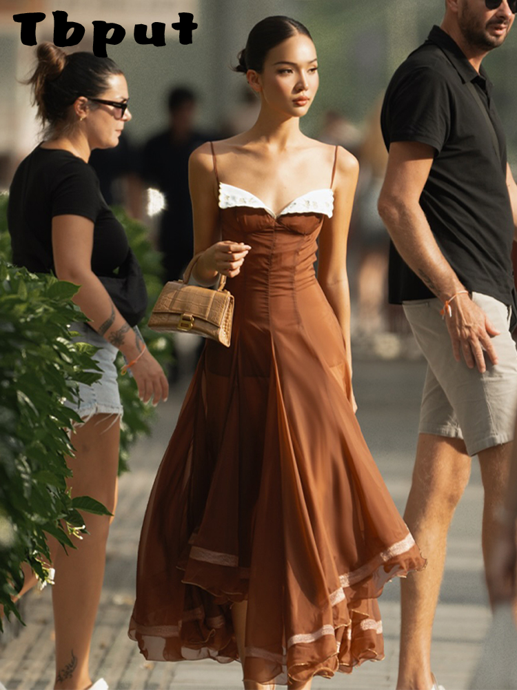 Robe de bal chic en mousseline pour femme, élégante, à fines bretelles, ourlet à volants, coupe trapèze, pour l'été 2026, idéale pour mariage et soirée