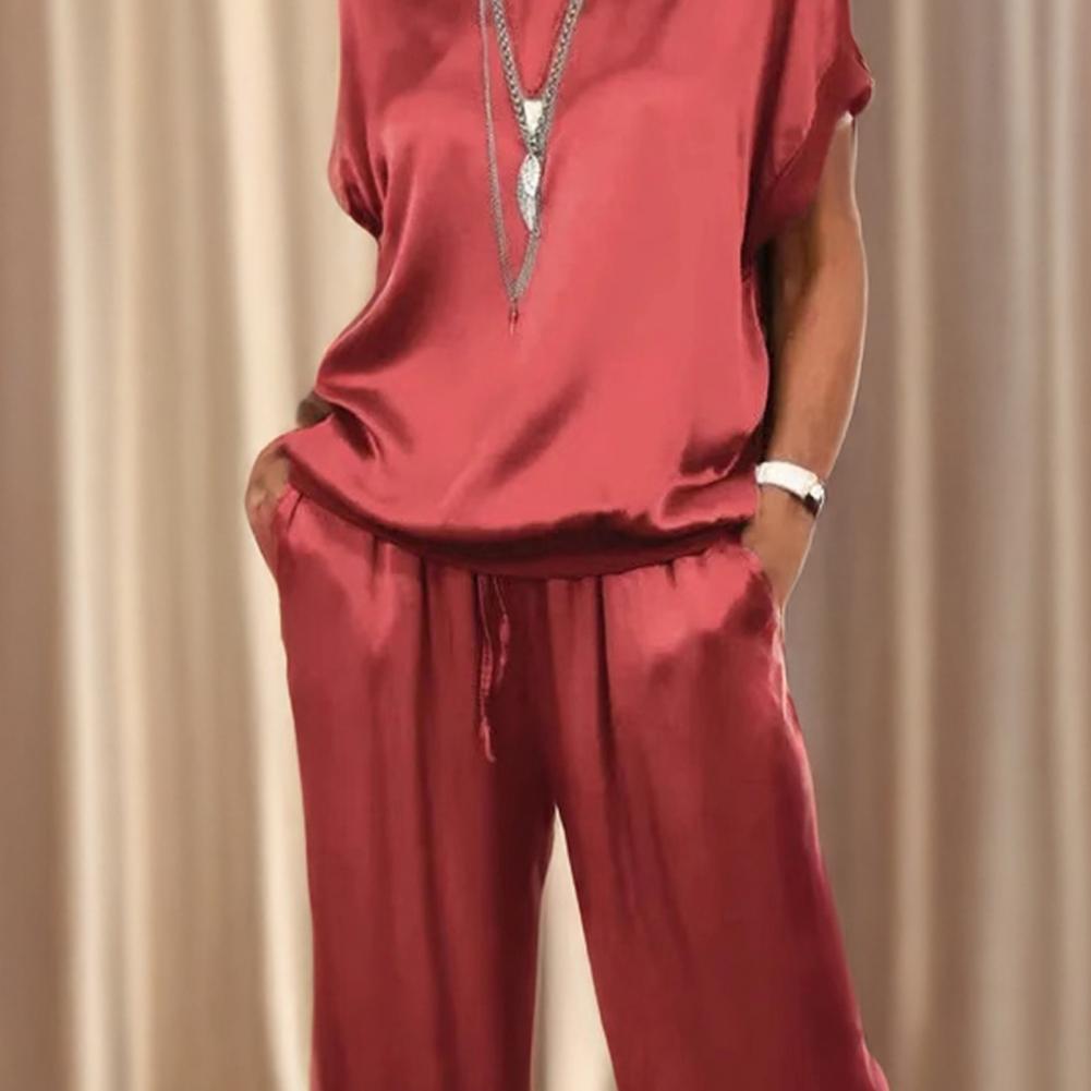Ensemble deux pièces pour femmes en satin simple, mode estivale, chemisier ample à manches courtes, pantalon à jambes larges, tenues décontractées pour femmes