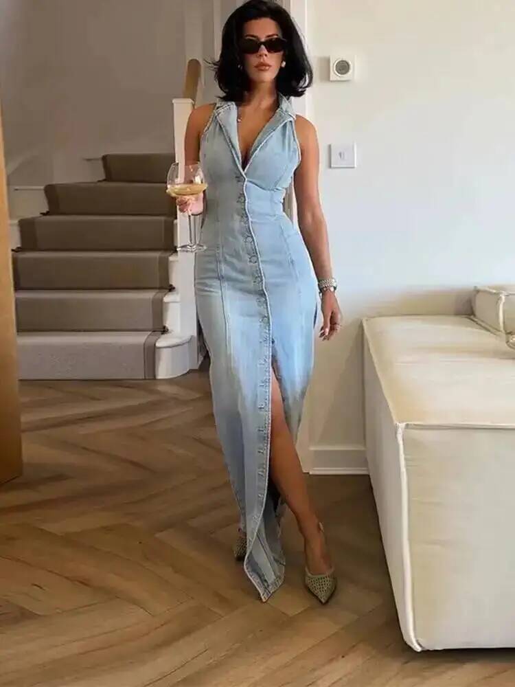 Robe longue en jean pour femme, style cowboy, sans manches, boutonnage simple, fente avant, collection été 2026, mode décontractée féminine IG8