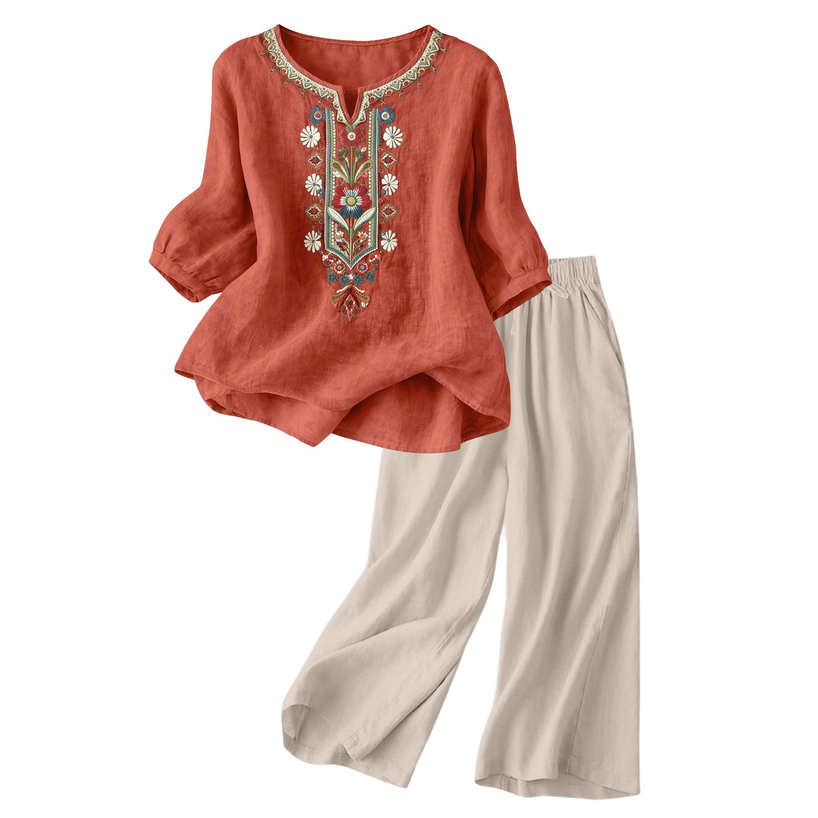 Nouvel ensemble deux pièces décontracté pour femme en coton et lin, avec broderie, hauts et pantalon large, manches 3/4, pour l'été