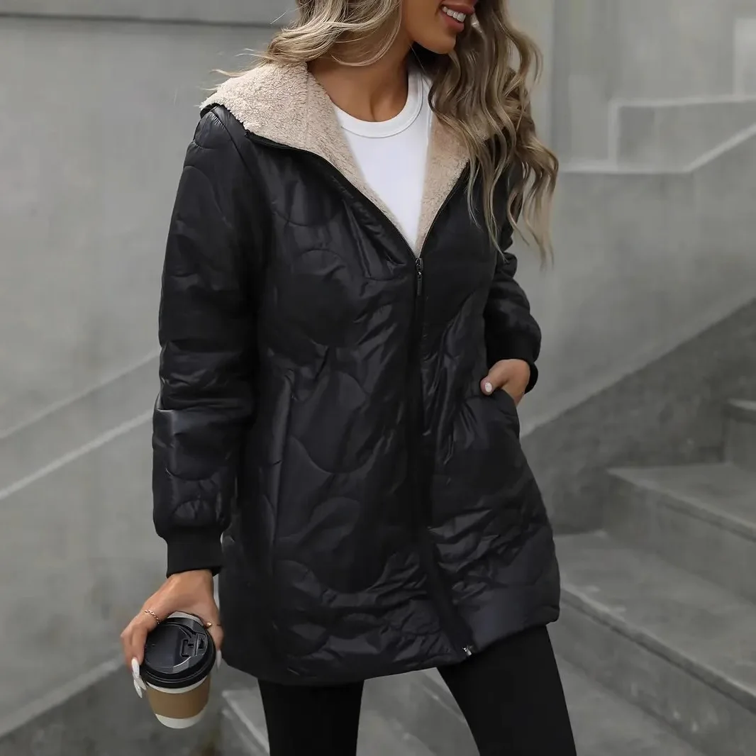 Parka d'hiver pour femme 2026 à capuche mi-longue décontractée et confortable style urbain en polyester rembourré