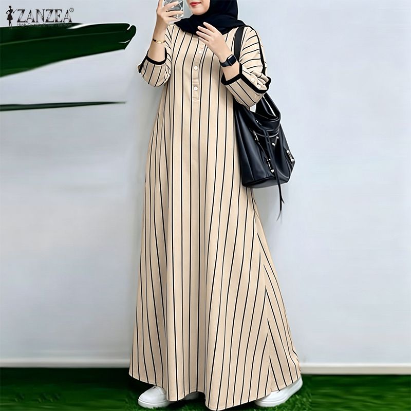 Robe longue rayée modeste musulmane pour femme, décontractée, ample, col rond, manches longues, avec bordure contrastante, Abaya, Kaftan islamique ZANZEA pour Hijabis