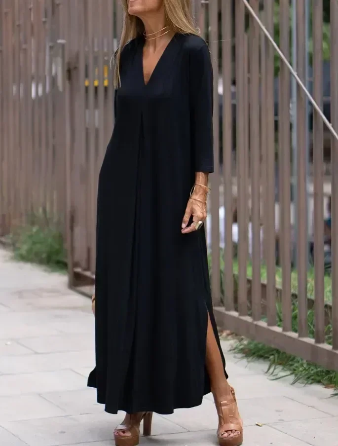 Robe longue élégante à col en V pour femmes, robe confortable à manches longues, tenue décontractée féminine, style confortable avec la mode, printemps, 03