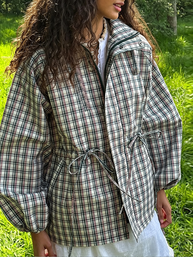 Manteau décontracté à capuche en dentelle à carreaux pour femme, simple boutonnage, manches longues, fermetures éclair, coupe ample, mode printemps automne 2026