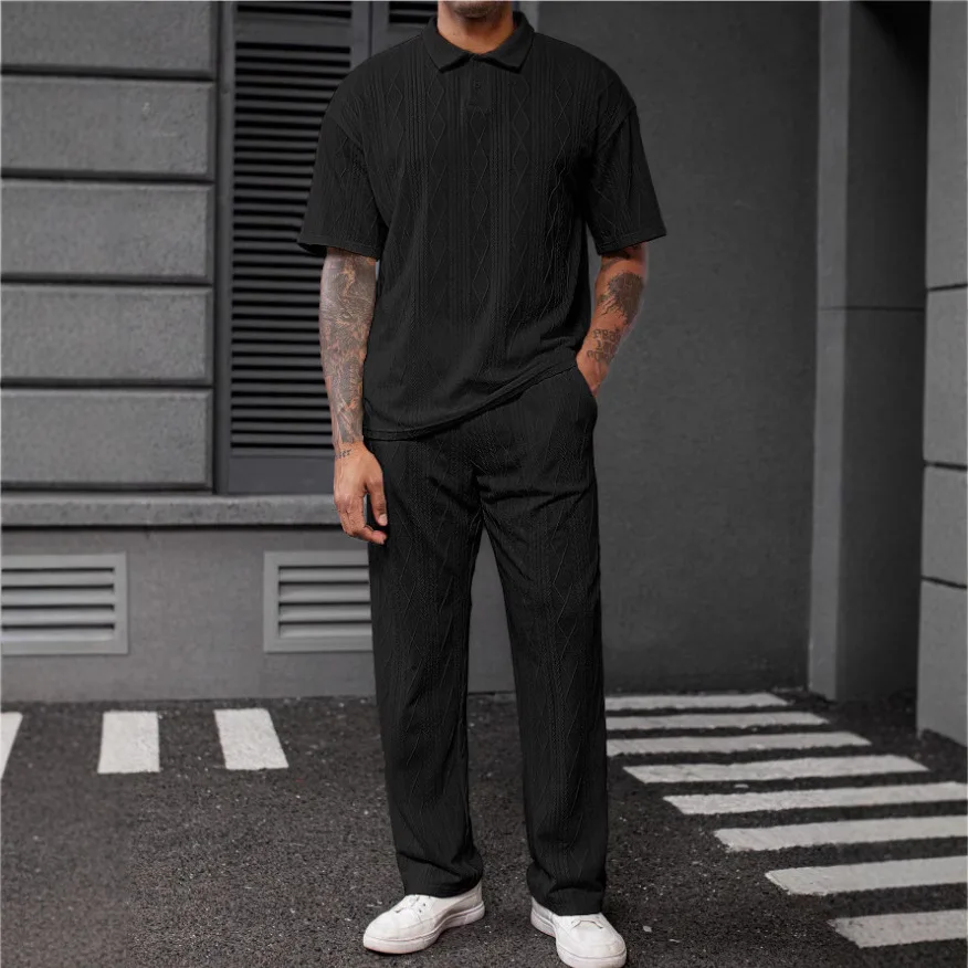 Ensemble 2 pièces tricoté pour hommes, nouvelle mode décontractée, tendance, couleur unie, manches courtes, col rabattu, T-shirts, pantalon droit ample