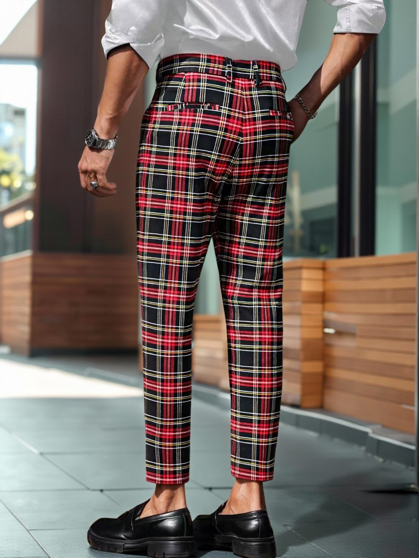 Pantalon de costume fuselé à carreaux écossais pour homme, en viscose, polyamide et élasthanne, coupe slim, décontracté et professionnel, longueur cheville