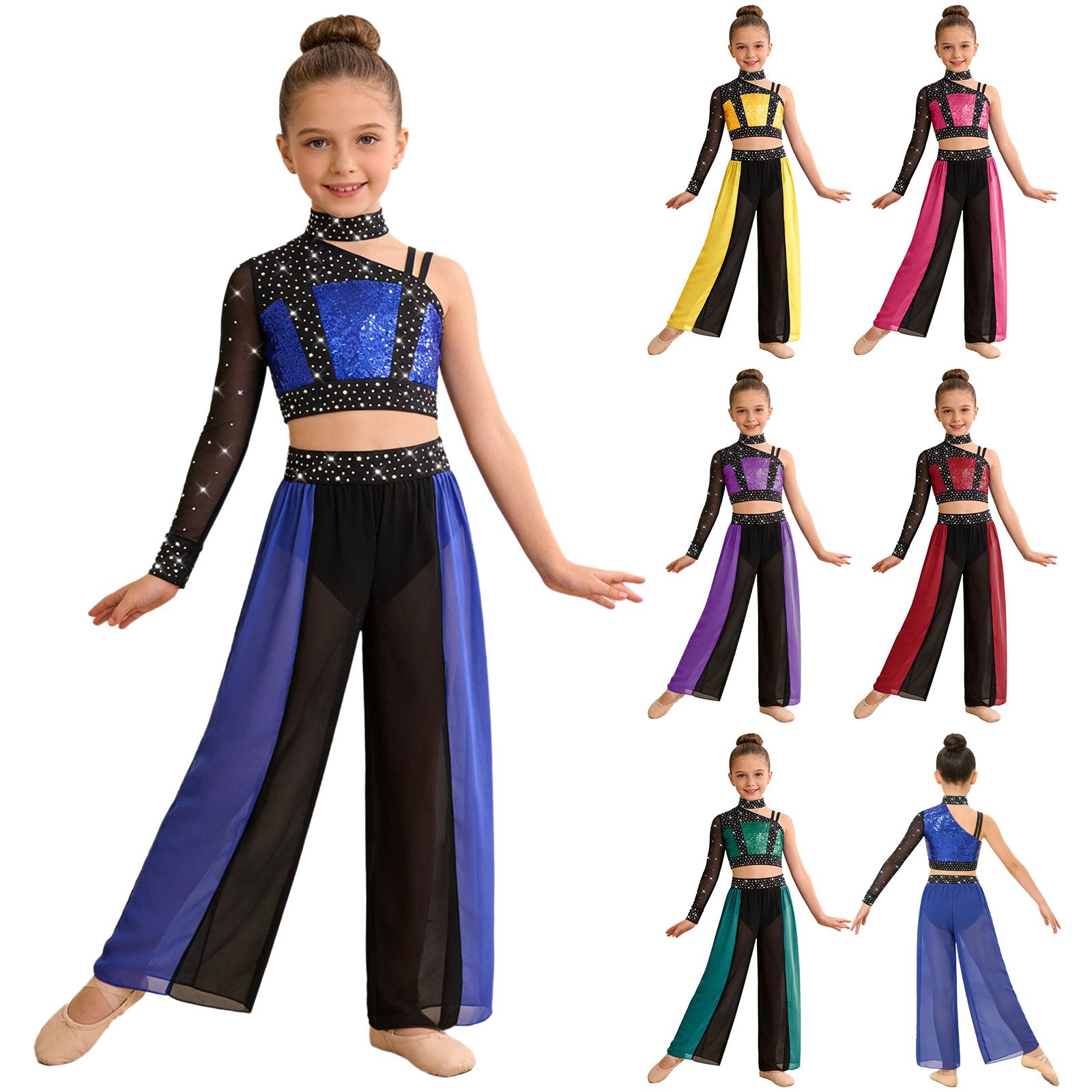 Tenue de danse lyrique moderne pour filles, haut court brillant avec pantalon en mousseline fendu, costume de patinage artistique, gymnastique et acrobaties