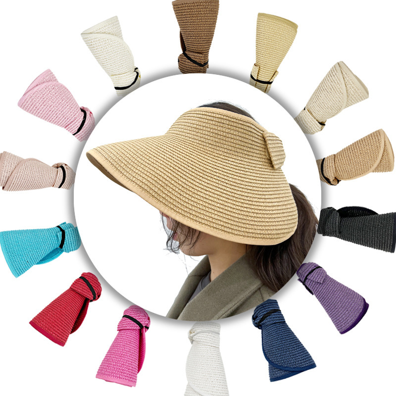 Nouveau femmes été visières chapeau pliable large grand bord nœud papillon vide haut chapeaux de paille chapeau femme plage Protection UV casquettes