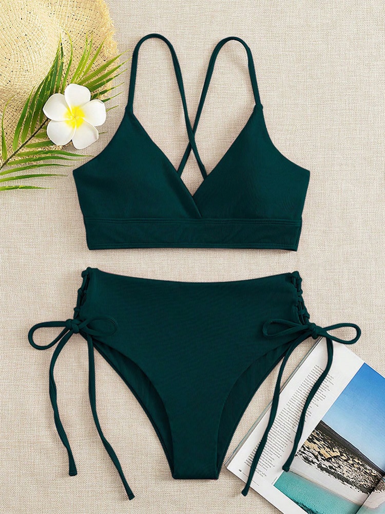 Sexy noir col en V ensemble de Bikini pour les femmes à lacets cordon côté taille haute maillot de bain plage maillot de bain piscine maillot de bain deux pièces