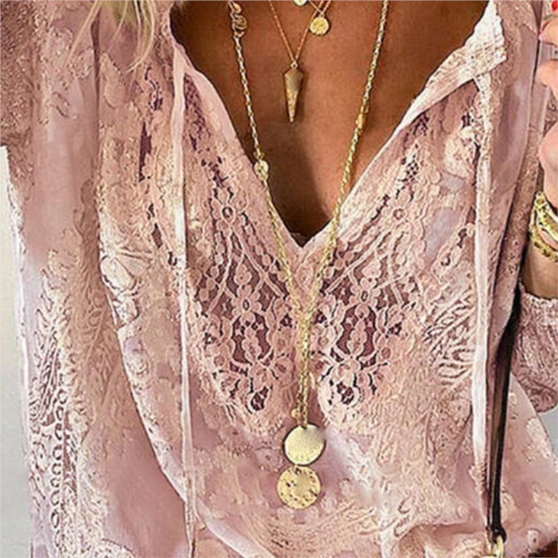 Chemisiers en dentelle évidés pour femmes, chemise pull à col en V profond, chemisier décontracté élégant, mode Boho, printemps, été