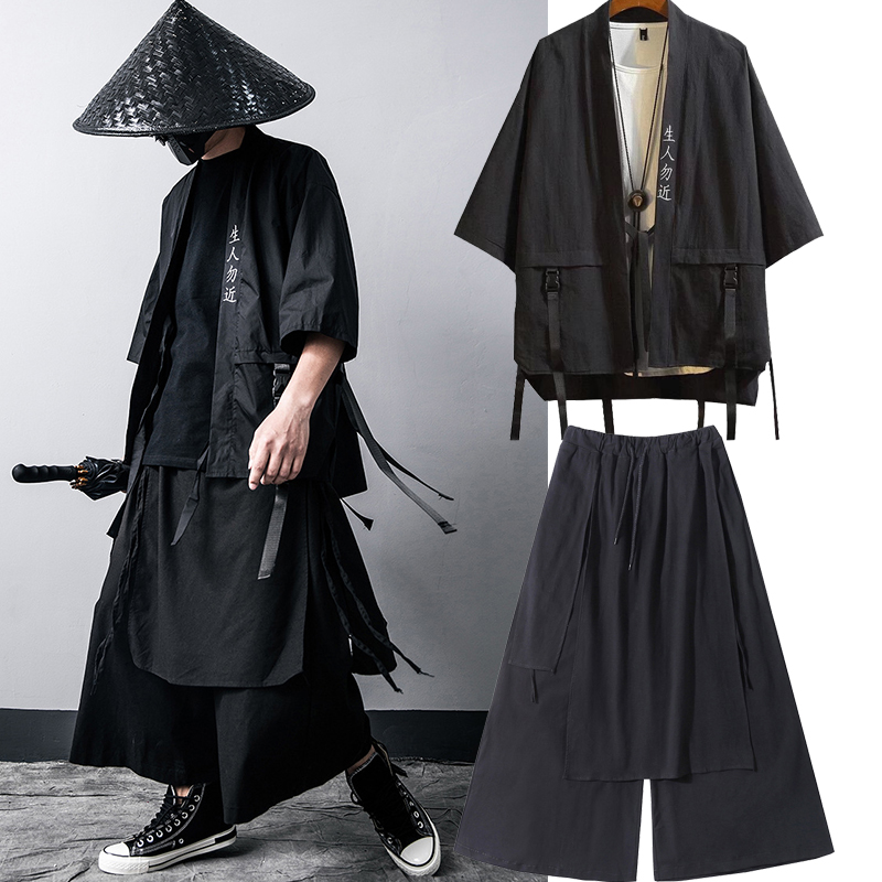 Cardigan Kimono noir traditionnel japonais, costume de Cosplay Diablo samouraï Ninja, manteau de Style Hanfu chinois, Streetwear, haut et pantalon