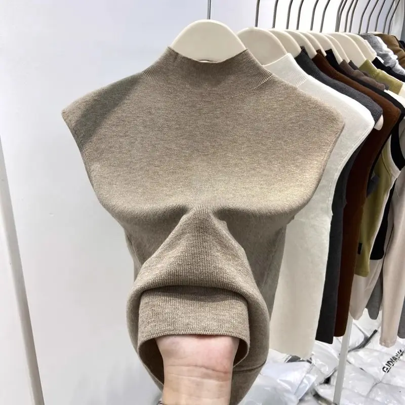 T-shirts tricotés à col mi-haut uni sans manches pour femme, basiques de mode printemps-été, Ropa De Mujer