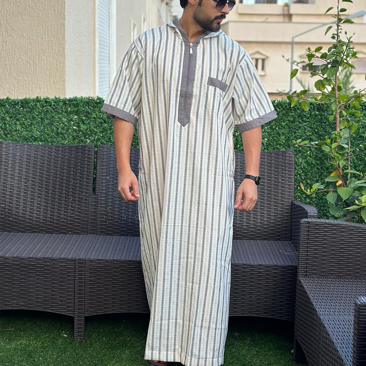 Caftan décontracté ample pour hommes musulmans, manches courtes, brodé, capuche, fermeture éclair, vêtements de Style ethnique islamique, 2025