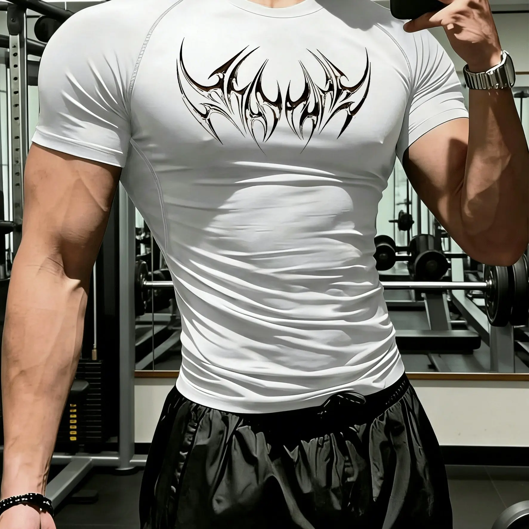 Nouveaux vêtements de fitness pour hommes et femmes, impression de motifs tendance, haute élasticité, tissu respirant et ajusté.