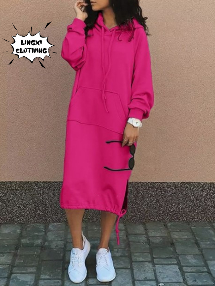 Robe pull à capuche pour femme, grande taille, élégante, avec poches fendues, chaude, longue, mode automne et hiver 2023