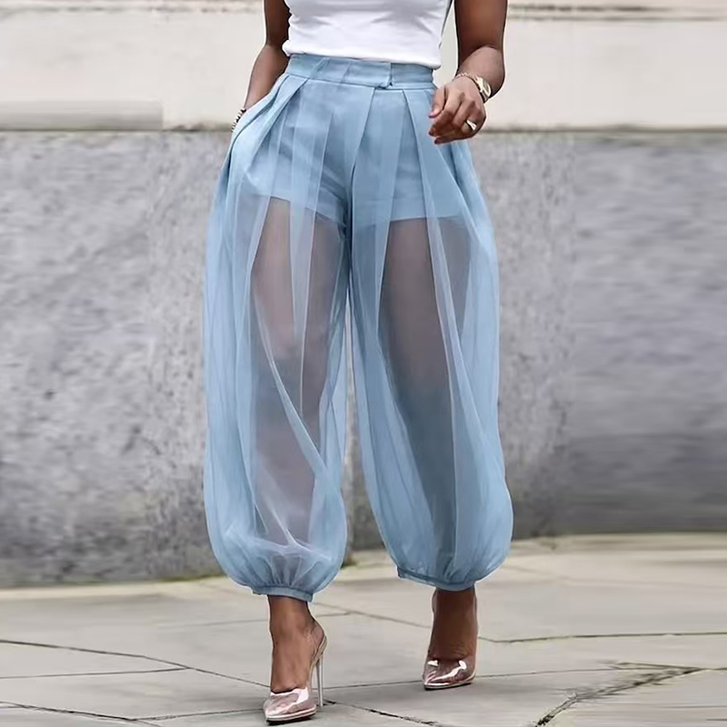 Pantalon long plissé pour femme, taille haute, couleur unie, en maille transparente, style lanterne, décontracté, pour le bureau et le streetwear
