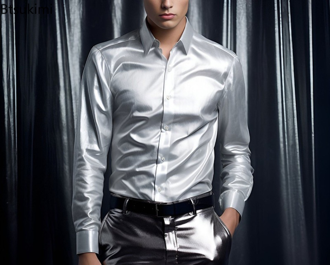 Chemise de luxe en Satin de soie pour hommes, manches longues, décontractée, coupe cintrée, pour bureau d'affaires, élégante, couleur unie, revers, fête de mariage, bal