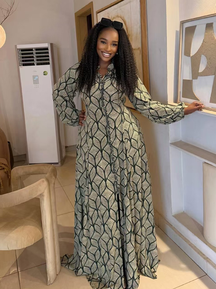 Robe longue élégante pour femme à manches longues, style ethnique africain, avec boutons décoratifs, longueur ras du sol, pour soirée, vente en gros