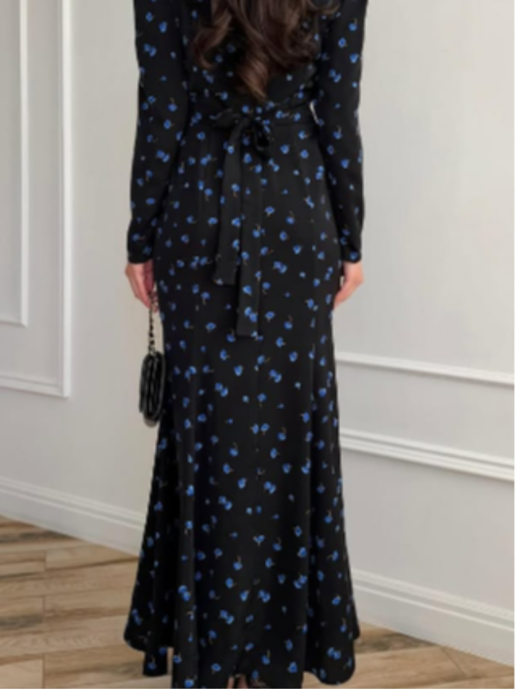 Robe longue élégante à imprimé floral pour femme, décontractée, à manches longues, avec ourlet à volants, moulante et fluide, collection Printemps 2026, style chic