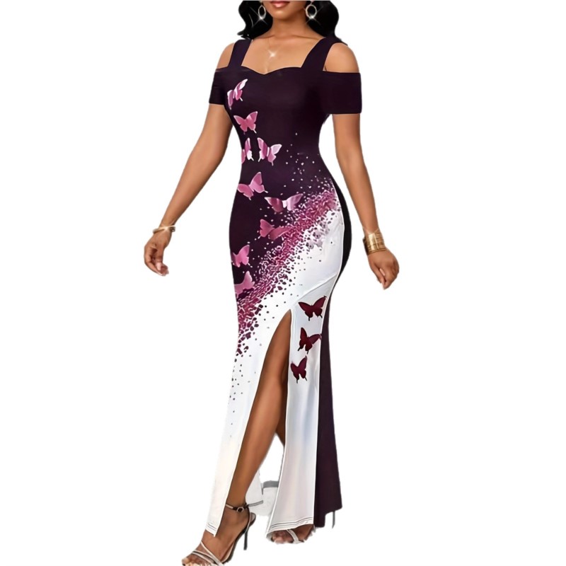 Robe fendue robes 2025 femme vêtements pour femmes papillon imprimé contraste épaules dénudées sans manches tempérament élégant