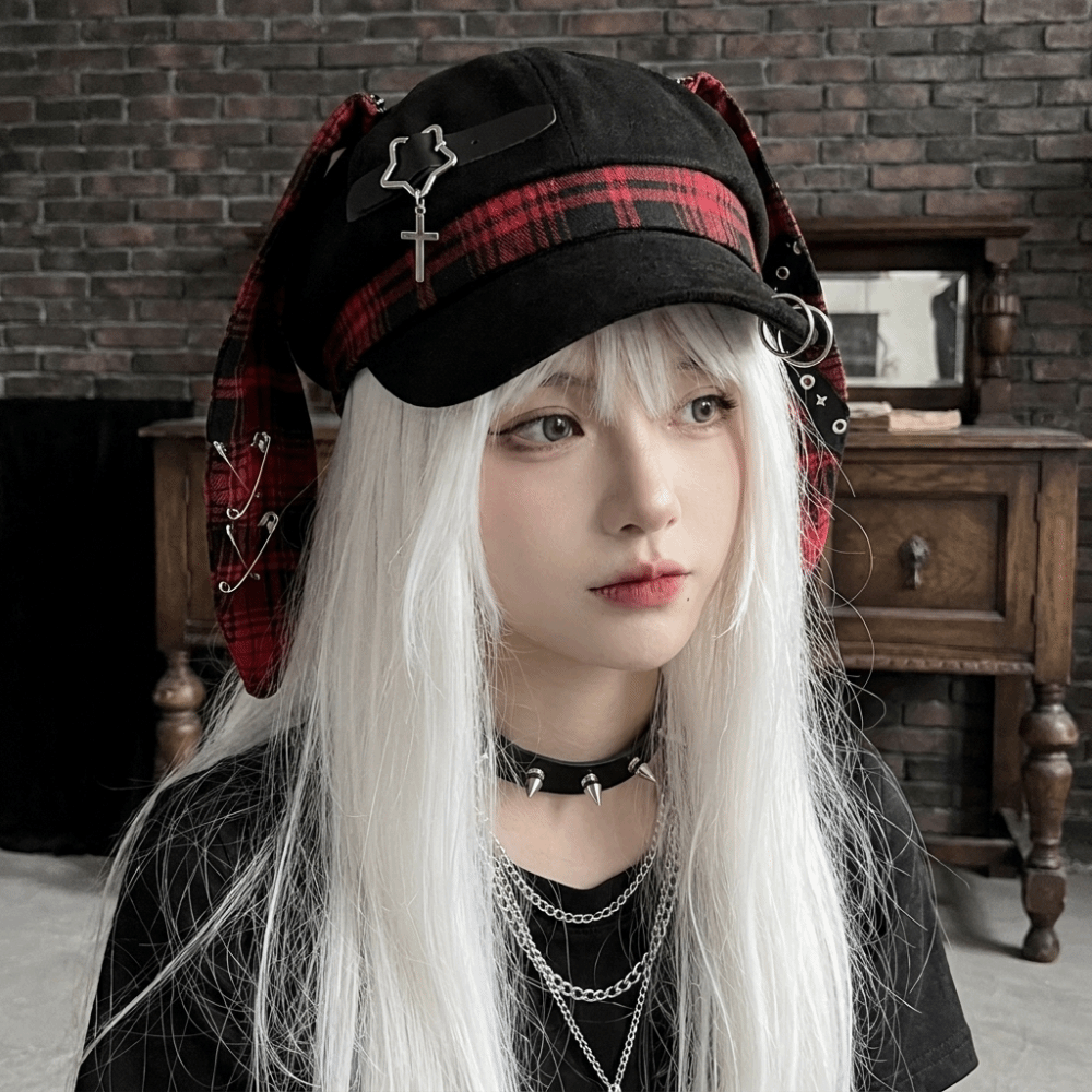 Chapeau Béret à Oreilles de Lapin Élégant à Carreaux, Chapeau Octogonal Irrégulier à Bord Fin, Casquette Gothique Punk pour Peintre et Artiste, Accessoire de Photographie