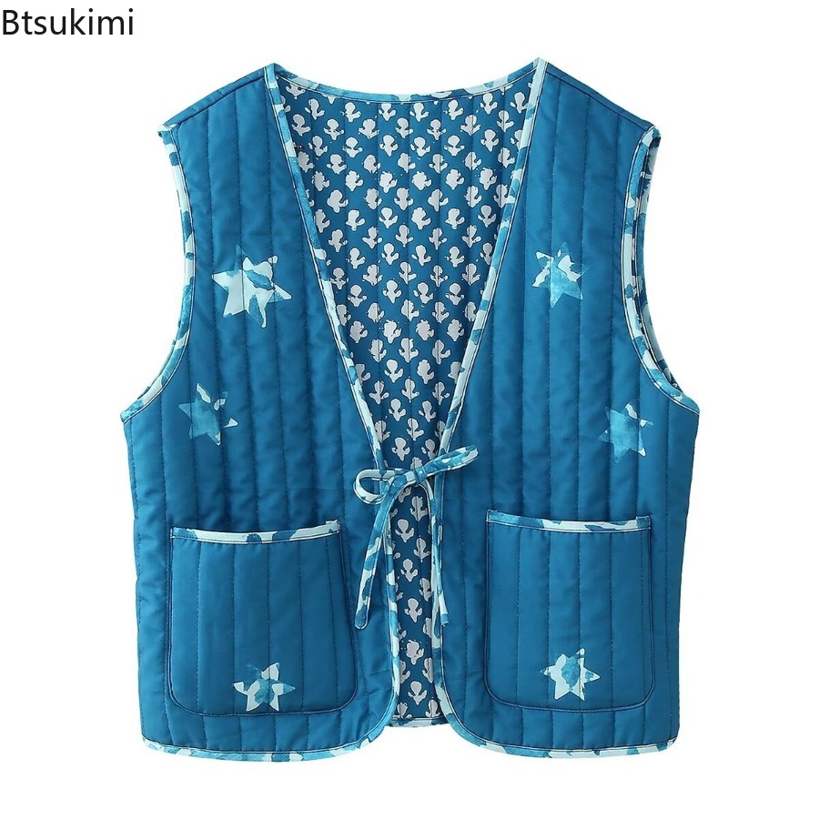 Gilets Double face à imprimé Floral pour femmes, sans manches, à nouer sur le devant, matelassés, vêtements d'extérieur d'automne, Vintage, élégants, décontractés