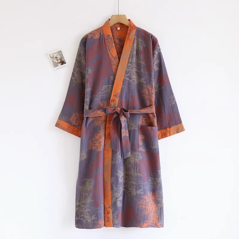 Chemise de nuit Yukata en gaze double couche de coton tissé coloré style national pour homme, idéale printemps-été, confortable F6670