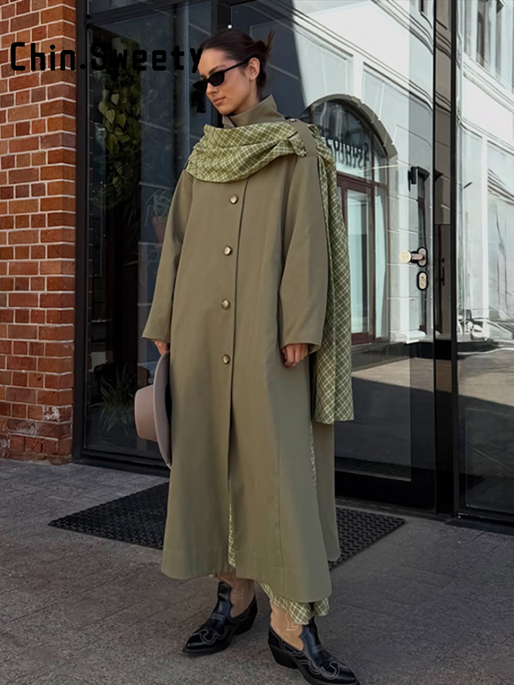 Manteau long trench à col montant ample et manches longues pour femme, coupe-vent fendu à boutonnage simple avec écharpe à carreaux, manteau d'automne 2026 pour femme