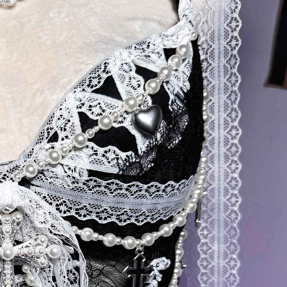Robe Gothique Noire pour Femme Y2K Rave Cyber Punk Rock Star Goth Croix Dentelle Scène Emo ALT Grunge E-Girls Lolita Robe de Bal Vêtements