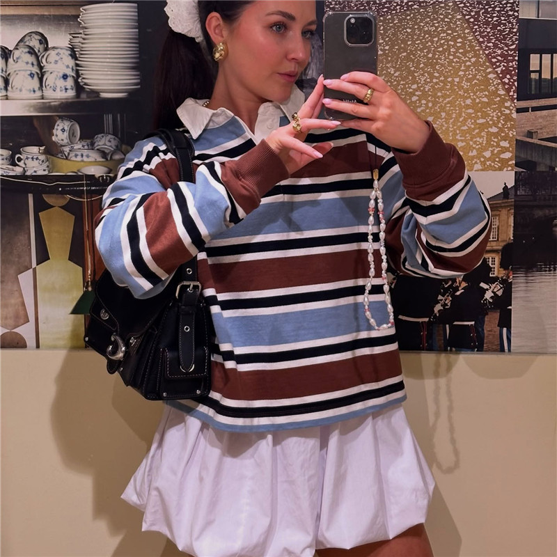 T-shirts rayés pour femmes hauts à manches longues col rabattu rue femmes T-shirts Preppy hauts pullover sweat-shirt esthétique